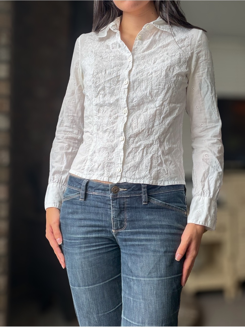 White Eyelet Cotton Long-Sleeve Button-Down Shirt